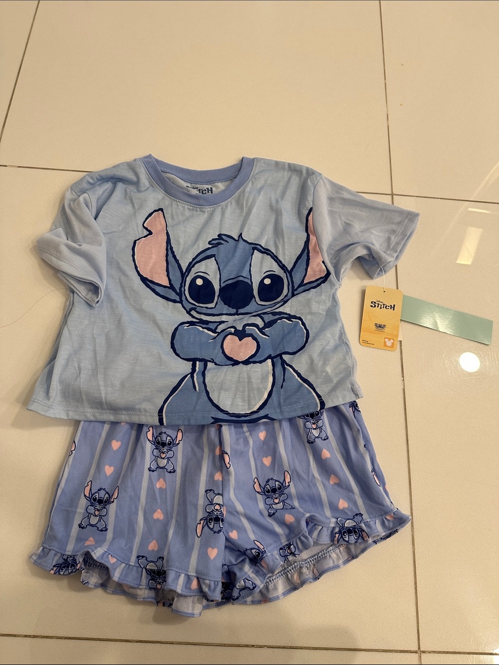 Disney Light Blue Stitch Heart Short Pajama Set with Pink Accents